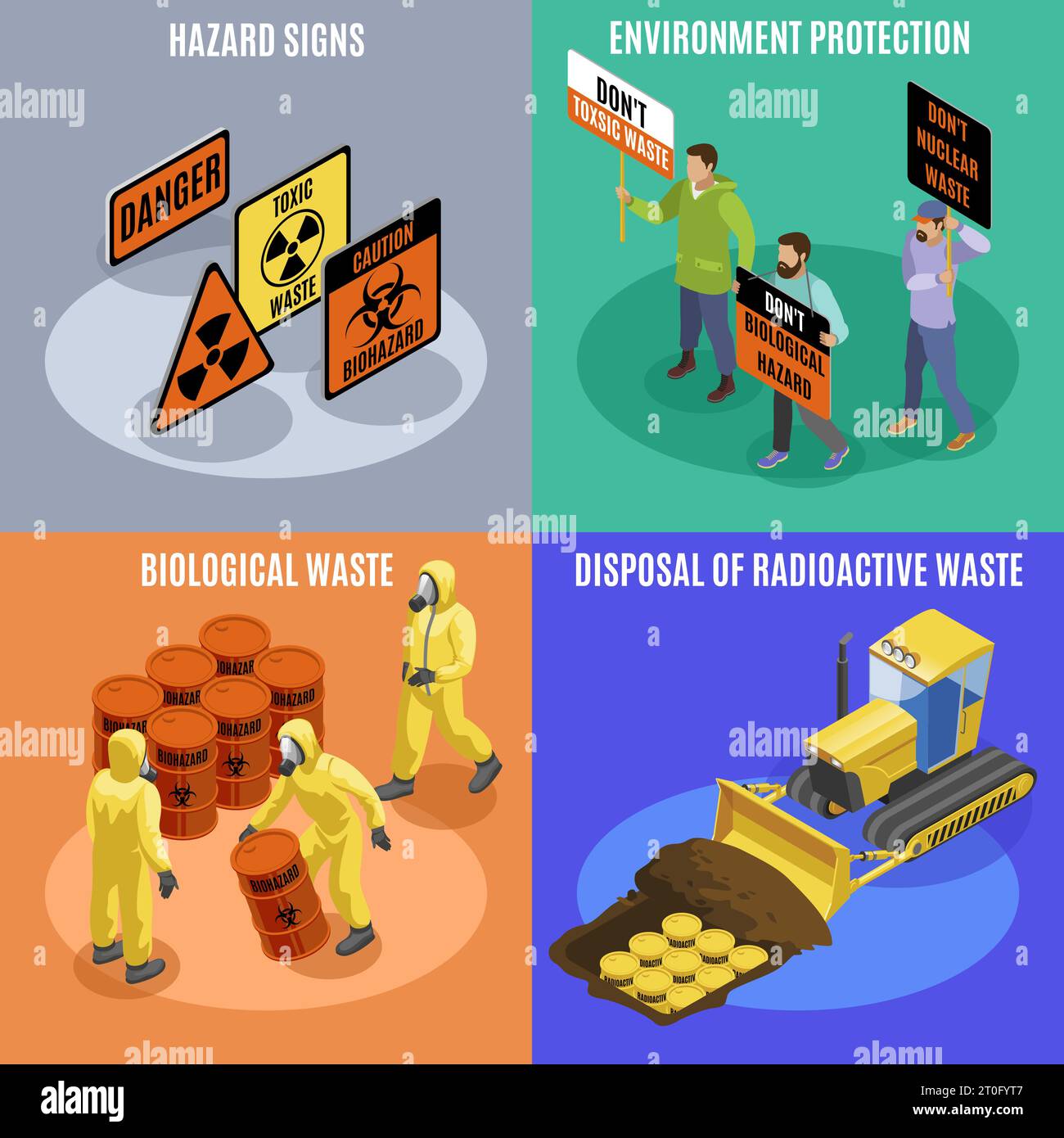 Rifiuti tossici biologici e radioattivi 4 icone isometriche concetto con protezione ambientale attivisti segni di pericolo illustrazione vettoriale Illustrazione Vettoriale