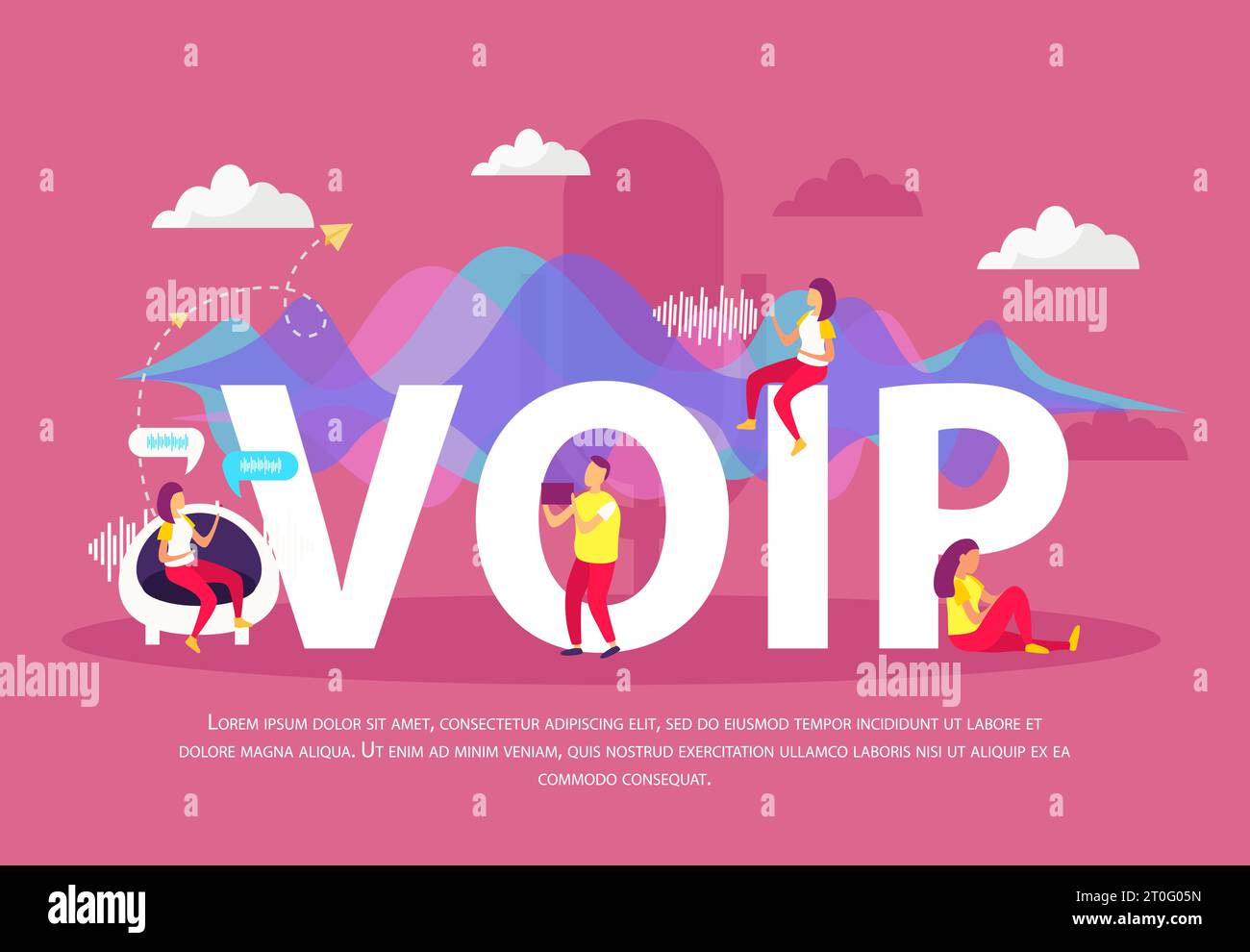 Sfondo piatto VoIP con persone che utilizzano il servizio di protocollo Voice over Internet per la comunicazione nell'illustrazione dei vettori di rete Illustrazione Vettoriale