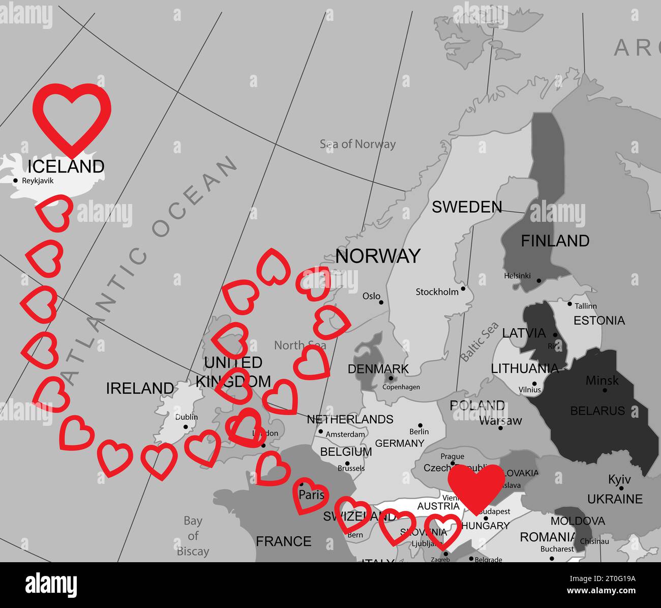 L'amore in una relazione a distanza. Linea di collegamento dei cuori rossi tra i paesi europei sulla mappa mondiale Foto Stock