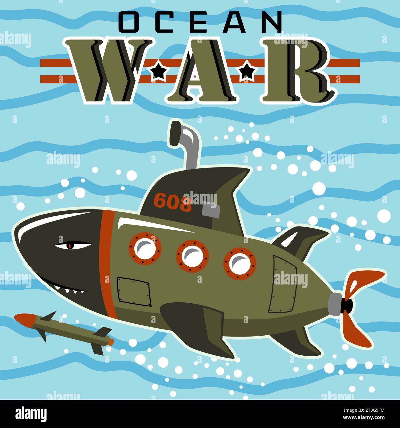 Il sottomarino in SHARK presenta un siluro sottomarino, illustrazioni di cartoni animati vettoriali Illustrazione Vettoriale