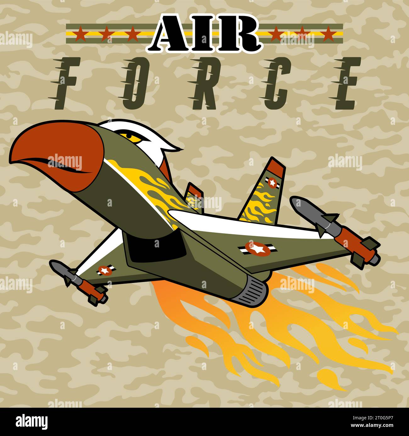 Il jet da combattimento in aquila è caratterizzato da uno sfondo mimetico, illustrazioni di cartoni animati vettoriali Illustrazione Vettoriale