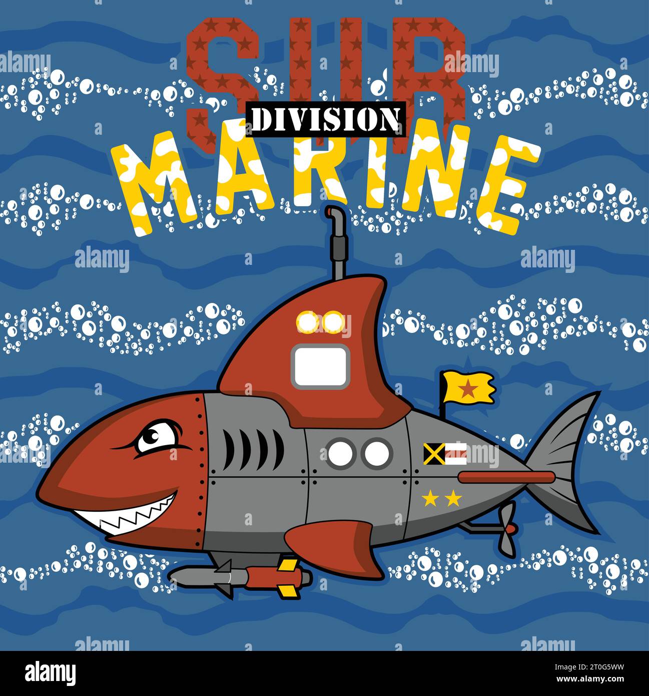 cartoni animati militari sottomarini con caratteristiche di squalo, illustrazioni di cartoni animati vettoriali Illustrazione Vettoriale