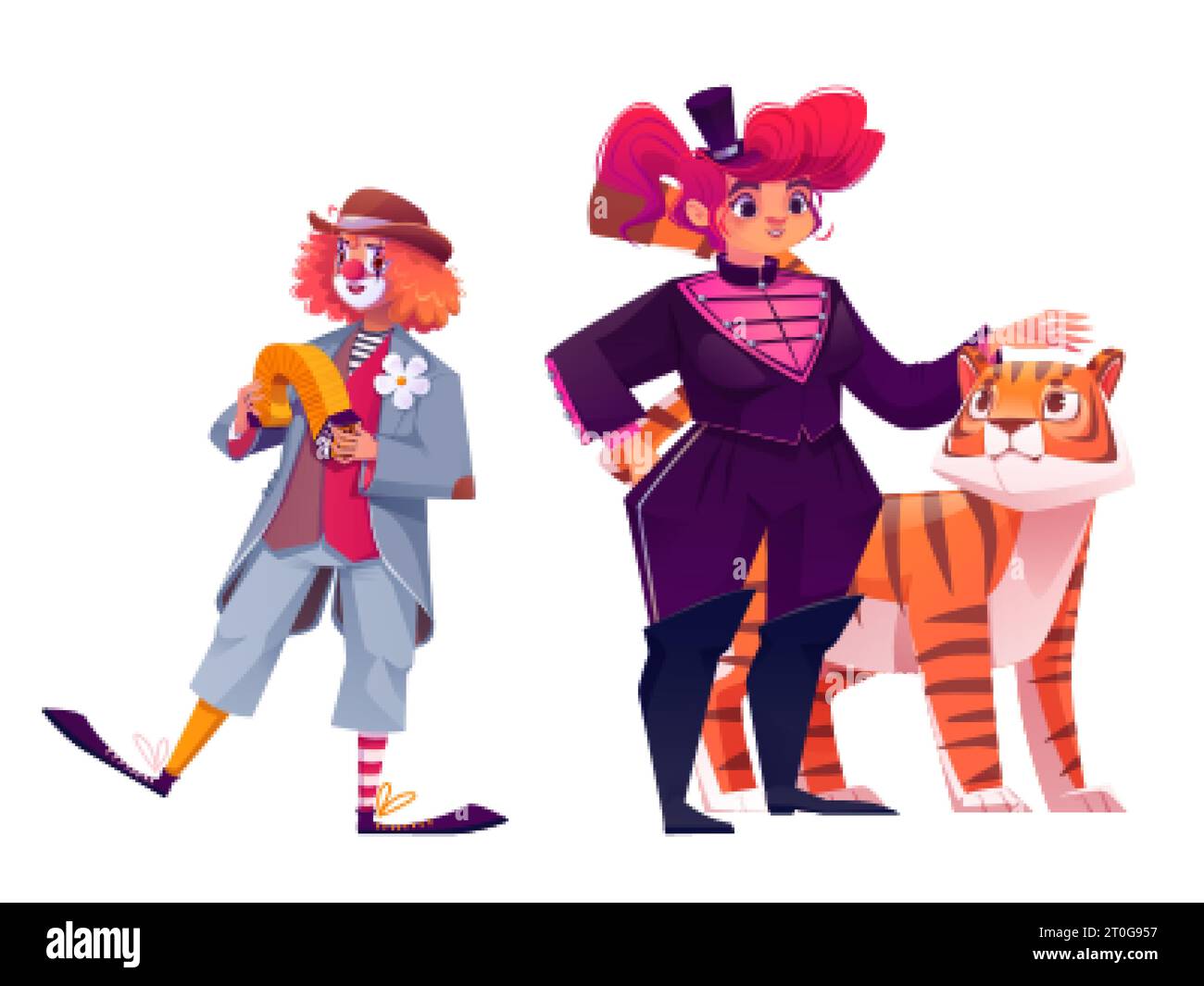 Clown maschile e tamer animale femminile isolati su sfondo bianco. Illustrazione di cartone animato vettoriale del comico del circo che suona la fisarmonica, donna in costume Illustrazione Vettoriale