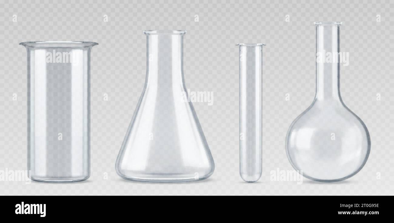 matraccio per test scientifici in vetro da laboratorio per chimica 3d. Apparecchiature realistiche per becher da laboratorio. Set vettoriale isolato per provette per vetreria chimica. Misurazione del cilindro vuoto Illustrazione Vettoriale