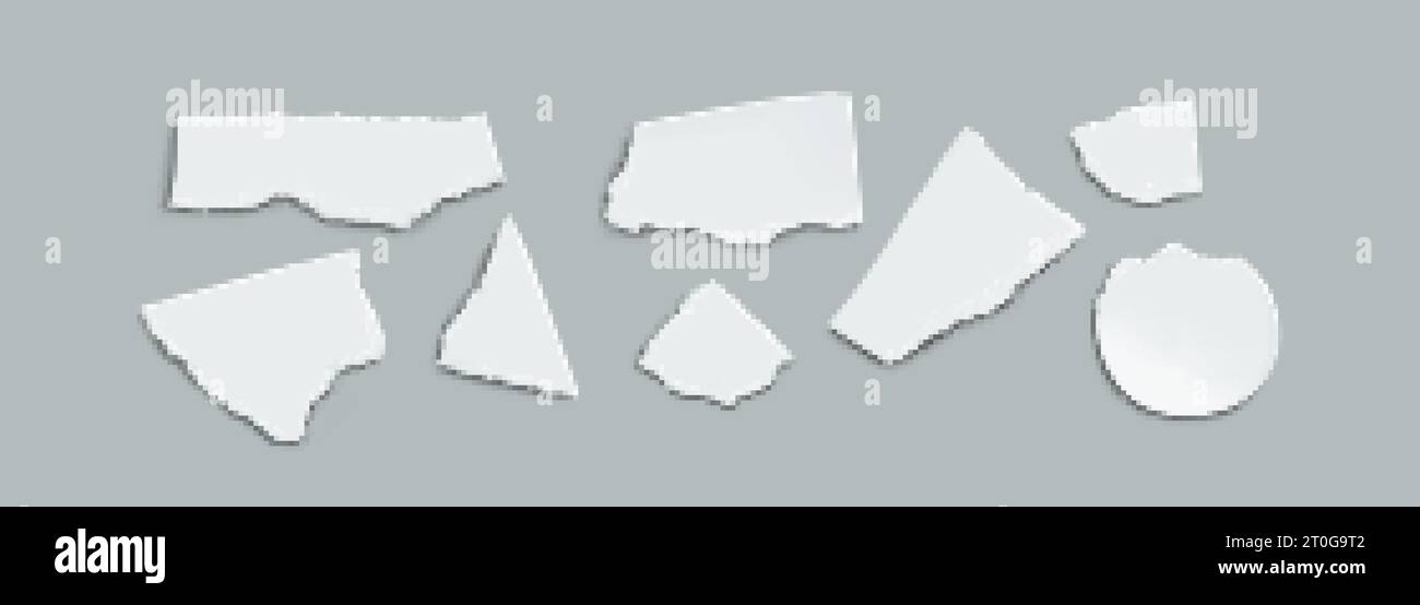 Set realistico di pezzi di carta bianca isolati su sfondo grigio. Illustrazione vettoriale di fogli di forma astratta con bordi strappati irregolari, vuoti distrutti Illustrazione Vettoriale