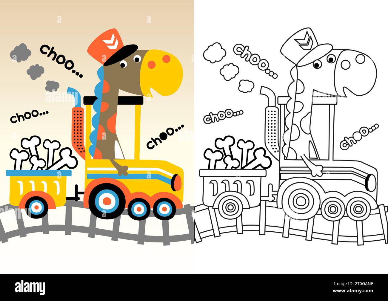 Adorabile dinosauro su ossa caricate su treni a vapore, cartoni animati vettoriali, libri da colorare o pagine Illustrazione Vettoriale