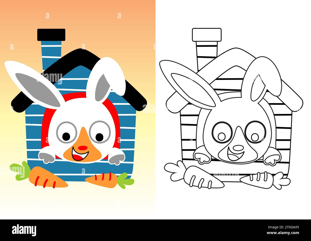 piccolo coniglio su gabbia con carota, illustrazione di cartoni animati vettoriali, libro da colorare o pagina Illustrazione Vettoriale