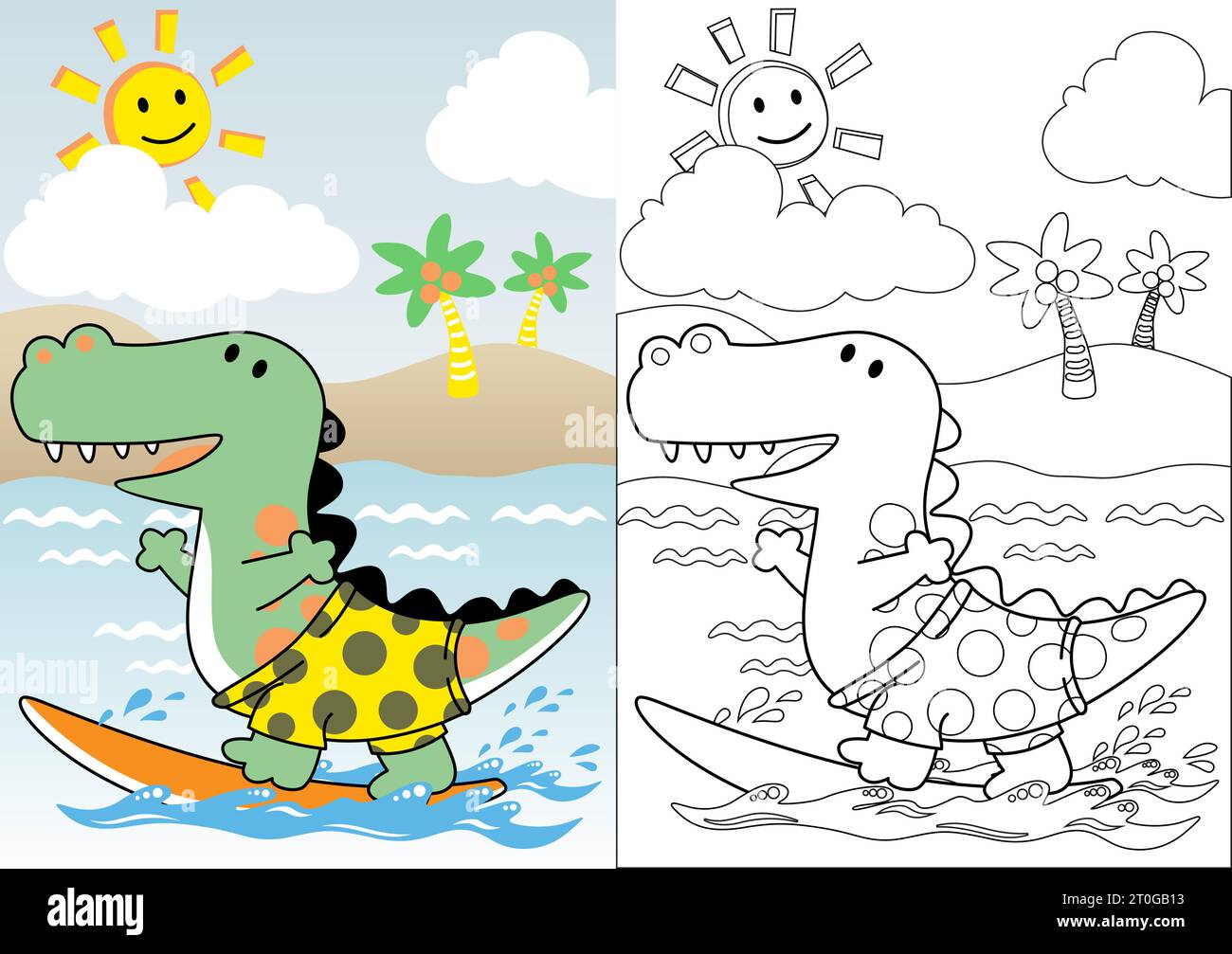 Adorabili dinosauri in spiaggia durante le vacanze estive, libri da colorare o pagine, cartoni animati vettoriali Illustrazione Vettoriale
