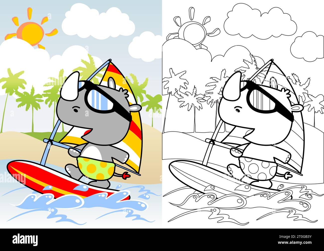 Divertenti rinoceronti che giocano a windsurf in spiaggia in estate, cartoni animati vettoriali, libri da colorare o pagine Illustrazione Vettoriale