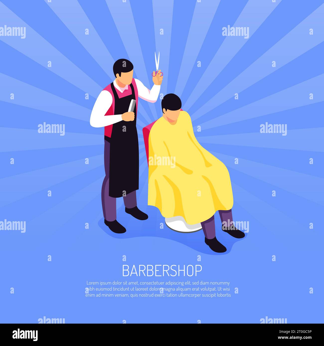 Barbiere maschio con strumenti professionali durante il servizio clienti su sfondo radiale blu illustrazione vettoriale isometrica Illustrazione Vettoriale