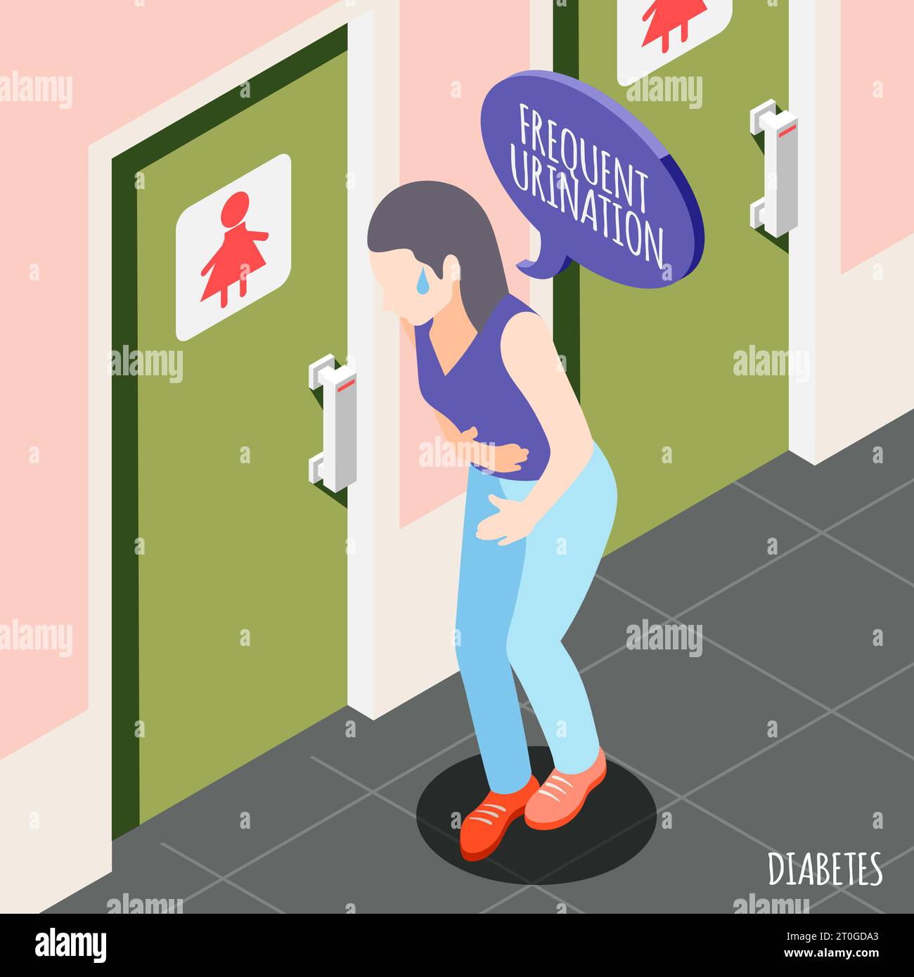 Diabete sfondo isometrico con giovane donna che tiene lo stomaco e che soffre di frequente illustrazione vettoriale di minzione Illustrazione Vettoriale