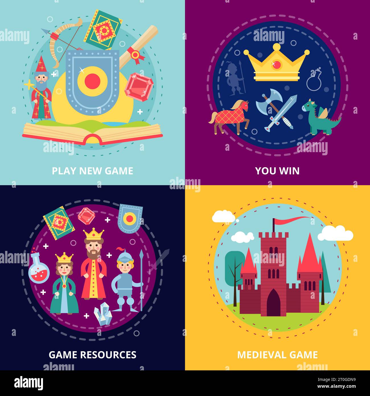 Set di concetto medievale di design del gioco con risorse icone piatte illustrazione vettoriale isolata Illustrazione Vettoriale