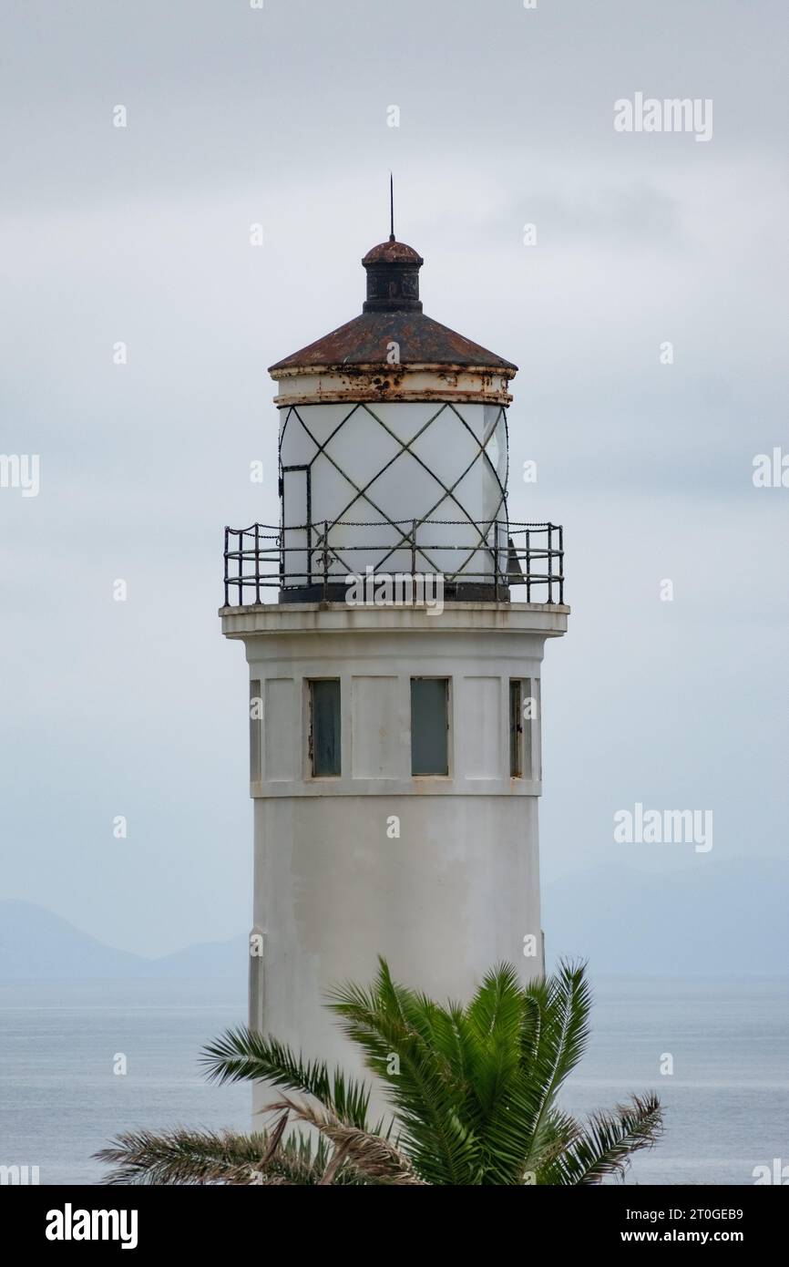 Vista ravvicinata dell'esterno del balcone e della lanterna del faro Point Vicente a Rancho Palos Verdes, California Foto Stock