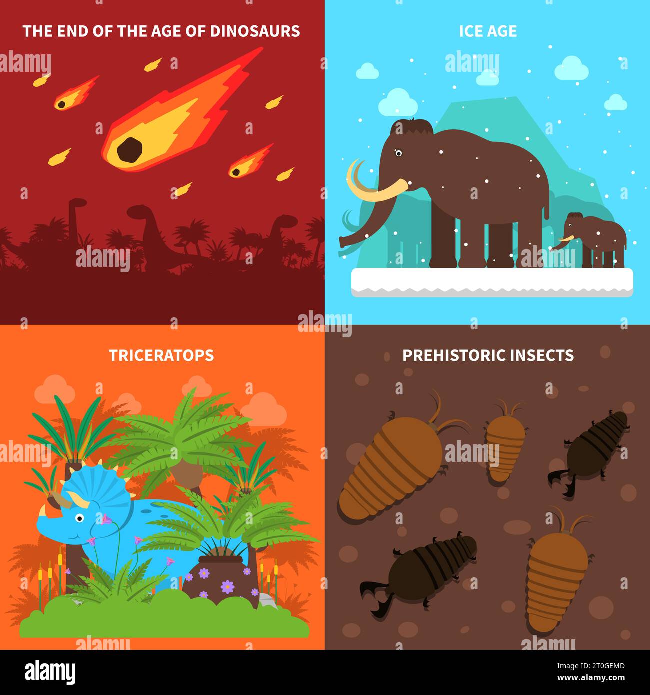 Set di concetto di design dinosauri con animali dell'età del ghiaccio icone piatte illustrazione vettoriale isolata Illustrazione Vettoriale