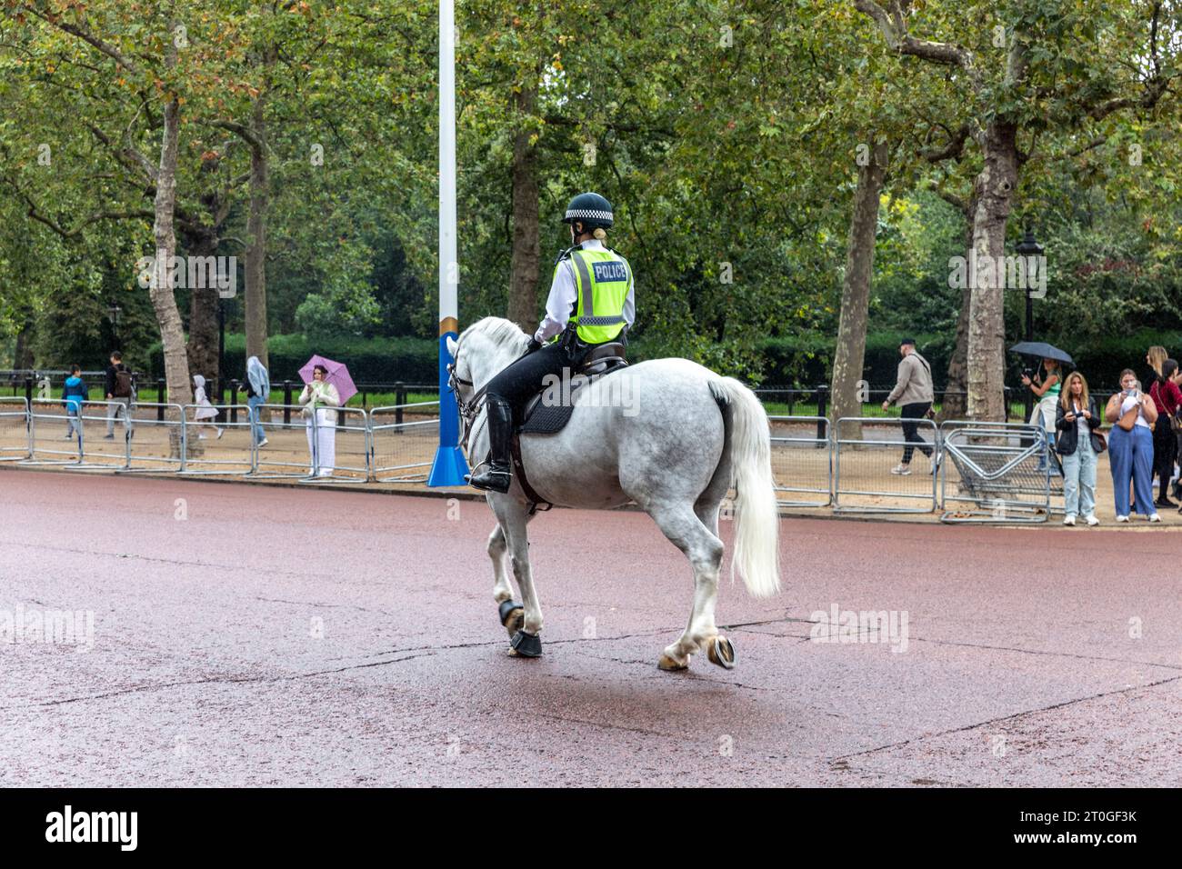 Londra, ufficiale di polizia donna che cavalca un cavallo bianco lungo il Mall conduce al cambio della guardia dei Re, Londra, Inghilterra, settembre 2023 Foto Stock