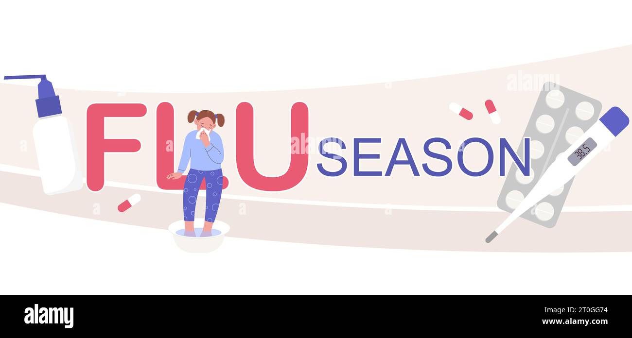 Banner di testo orizzontale piatto della stagione influenzale con termometro per bambini malati e illustrazione del vettore di farmaci Illustrazione Vettoriale