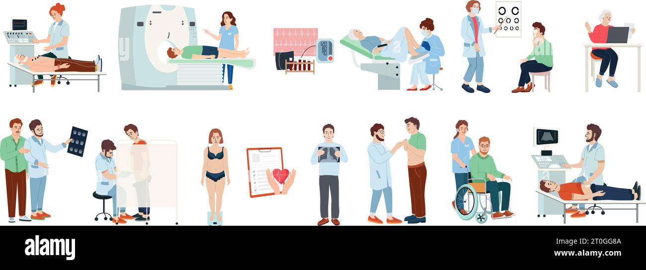 Set di icone di controllo medico con simboli di test sanitari illustrazione vettoriale isolata piatta Illustrazione Vettoriale