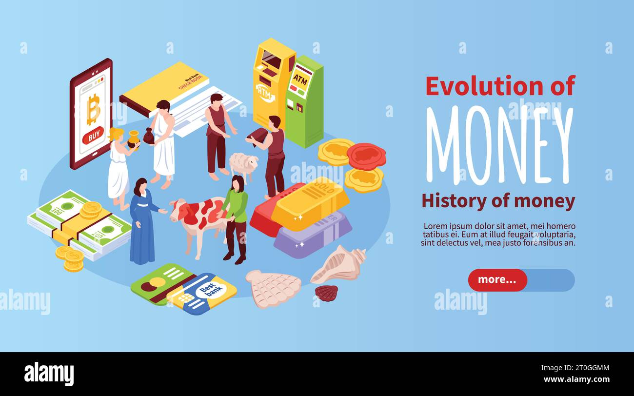 Striscione orizzontale Isometric Money Evolution con cursore testo modificabile con pulsanti aggiuntivi e caratteri umani con illustrazione vettoriale di denaro Illustrazione Vettoriale