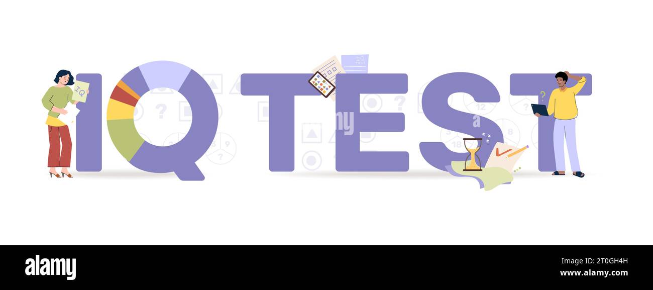 Composizione del test IQ di testo piatto e grafico radiale colorato circondato da caratteri umani in stile doodle illustrazione vettoriale Illustrazione Vettoriale