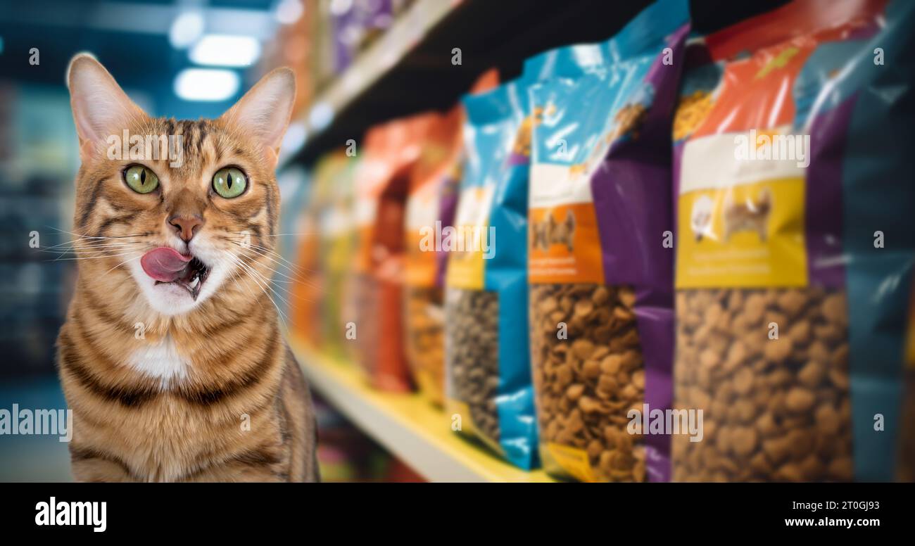 Un gatto del Bengala lecca le labbra in previsione del cibo. Un gatto affamato sullo sfondo di un negozio di animali domestici con cibo per animali domestici. Copia spazio. Foto Stock