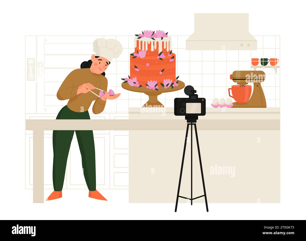 Pasticceria composizione blogger di torta fatta a mano con paesaggi in cucina e donna dei cartoni animati che realizza torte con illustrazione vettoriale della fotocamera Illustrazione Vettoriale