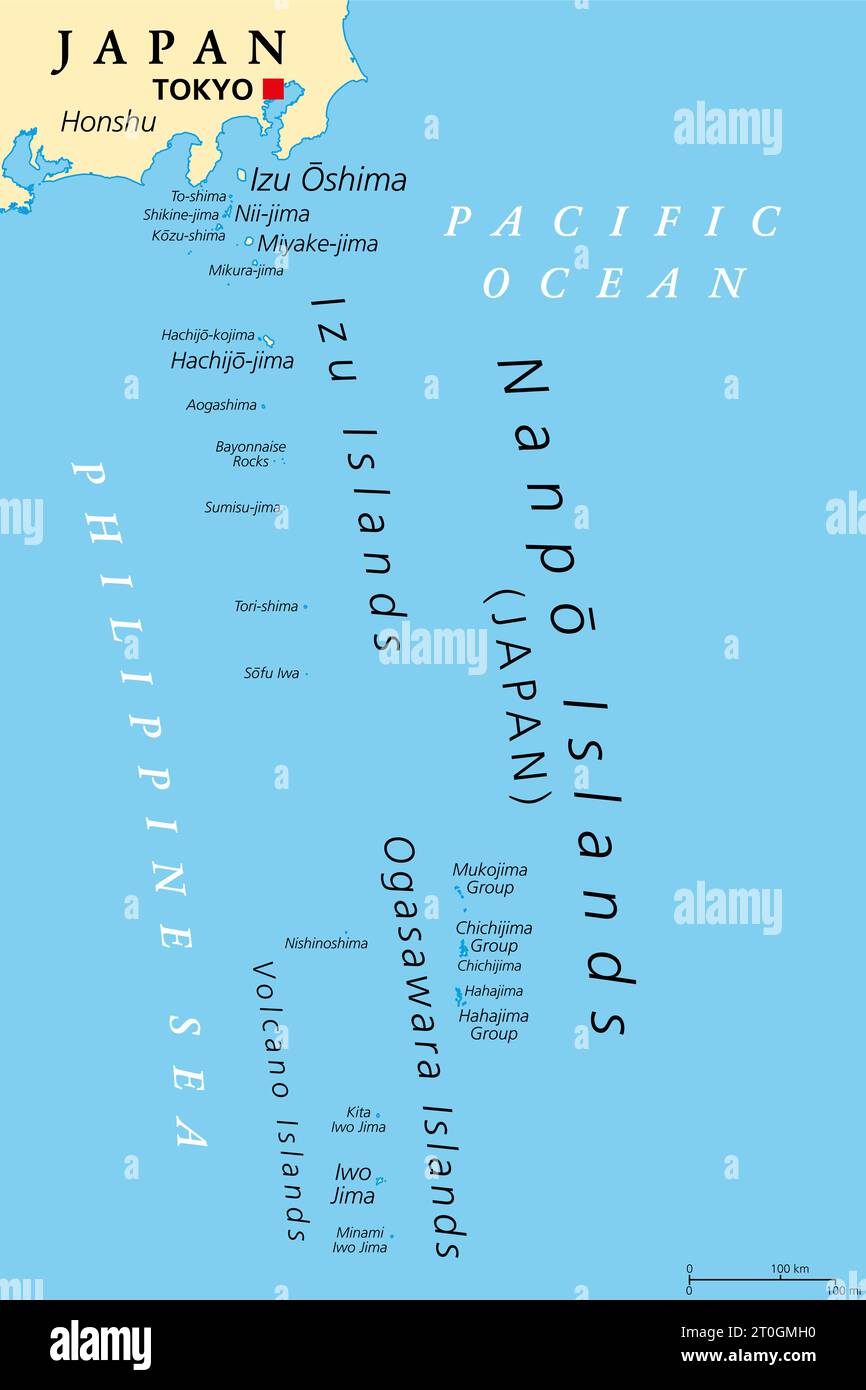 Isole Nanpo, gruppi di isole del Giappone, mappa politica. Isole vulcaniche, situate nel Pacifico orientale del Mare delle Filippine, a sud dell'arcipelago giapponese. Foto Stock