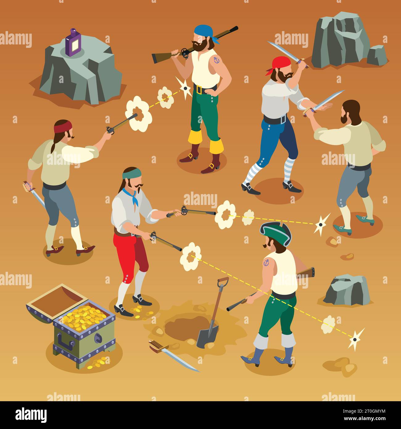 Pirati gioco composizione isometrica con gli uomini durante lotta su sfondo di sabbia con bullet buchi illustrazione vettoriale Illustrazione Vettoriale