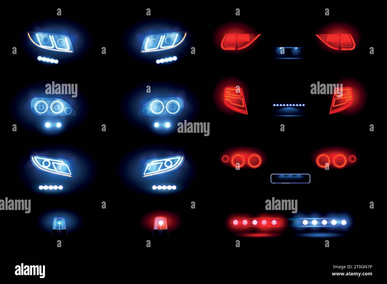 Luci a LED automobilistiche Set realistico con barre dei fari anteriori posteriori viste dell'auto che illuminano in oscurità illustrazione vettoriale Illustrazione Vettoriale