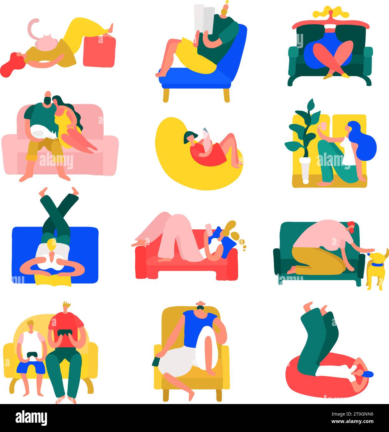 Persone tempo libero riposo casa pone colorate icone collezione con rilassante in posizione yoga isolato illustrazione vettoriale Illustrazione Vettoriale