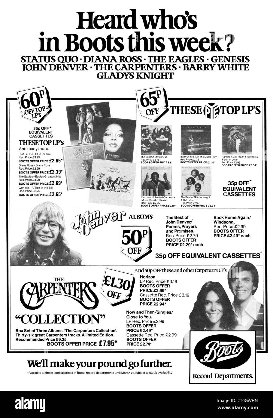 1976 pubblicità britannica per offerte speciali presso i dipartimenti di dischi di Boots the Chemist. Foto Stock