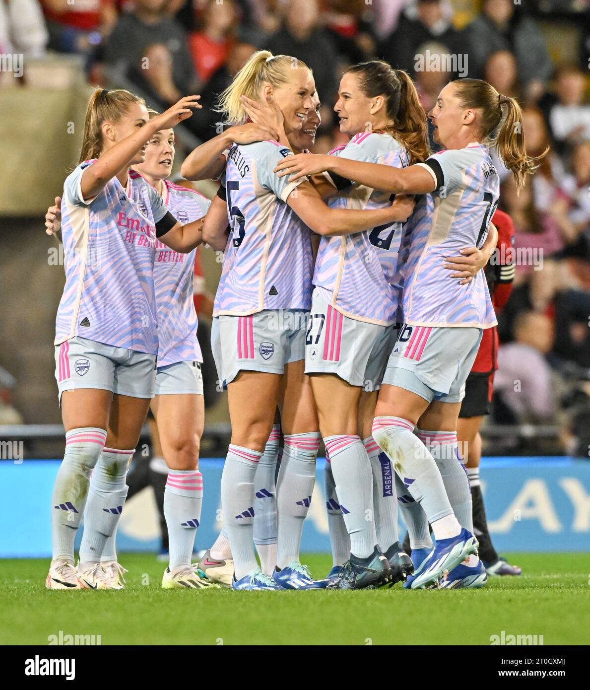 Leigh Sports Village, Leigh, Greater Manchester, Inghilterra. 6 ottobre 2023. Stina Blackstenius #25 dell'Arsenal Women celebra il gol di apertura della partita, durante il Manchester United Women Football Club V Arsenal Women Football Club al Leigh Sports Village, nella Barclays Women's Super League/Women's Super League. (Immagine di credito: ©Cody Froggatt/Alamy Live News) Foto Stock