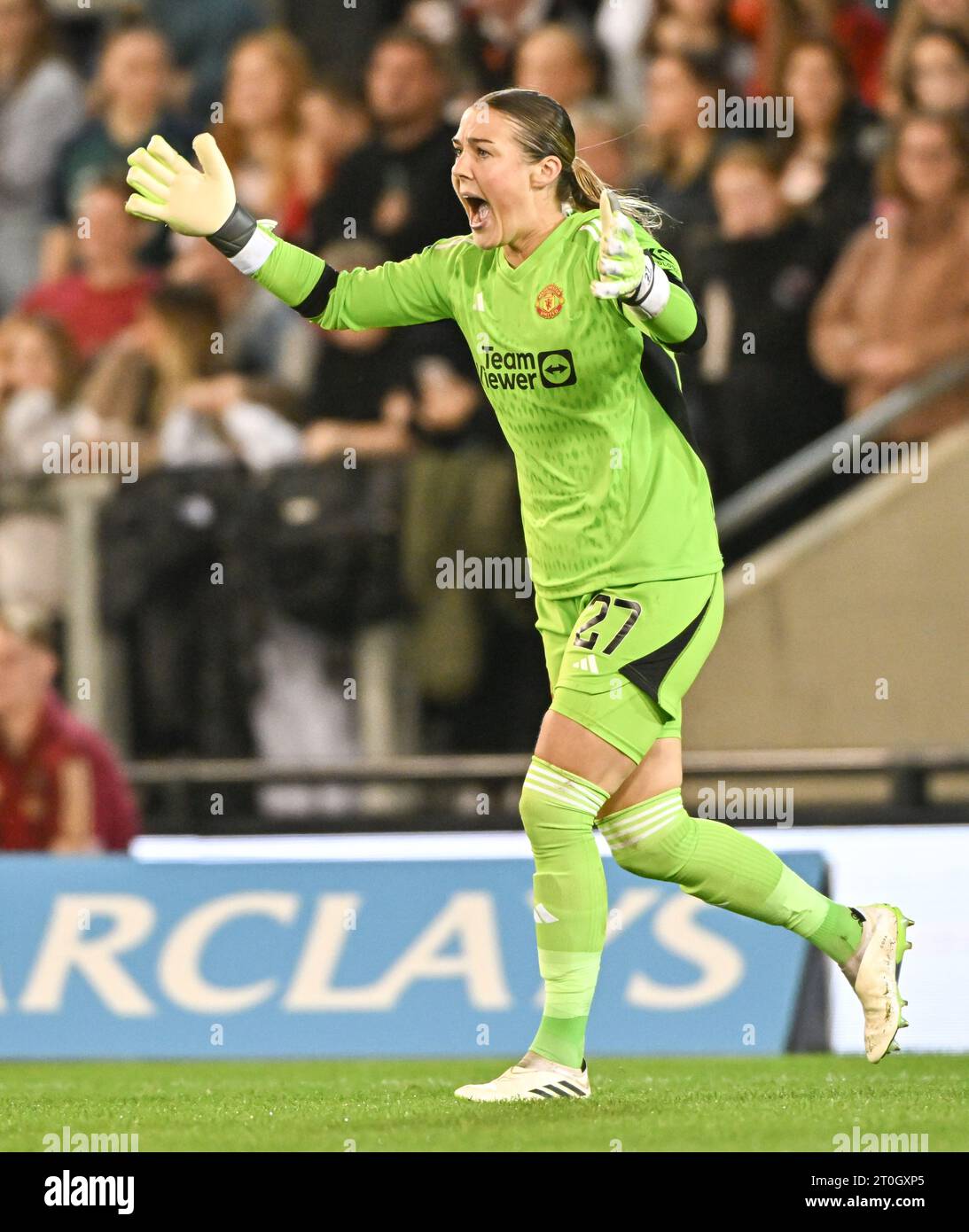 Leigh Sports Village, Leigh, Greater Manchester, Inghilterra. 6 ottobre 2023 Mary Earps #27 del Manchester United Women, durante il Manchester United Women Football Club V Arsenal Women Football Club al Leigh Sports Village, nella Barclays Women's Super League/Women's Super League. (Immagine di credito: ©Cody Froggatt/Alamy Live News) Foto Stock