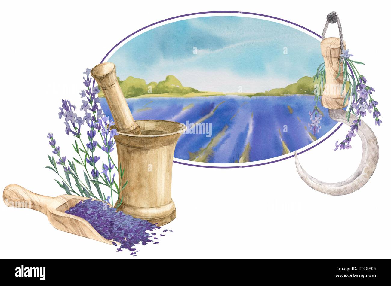 Mortaio di rame, fiori di lavanda essiccati in un cucchiaio, falce per tagliare le erbe. Composizione decorativa in stile provenzale. Concetto di produzione più pulito, ho Foto Stock