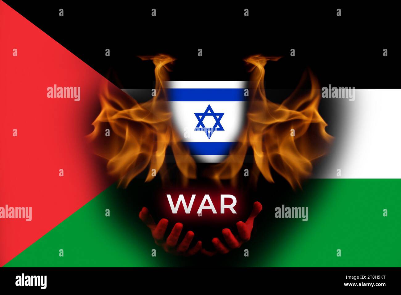 Palestina, guerra d'Israele. Banner per il design. Testo. Demone malvagio che tiene la bandiera di Israele. Fiamma e fuoco. Sfondo bandiera Palestina Foto Stock