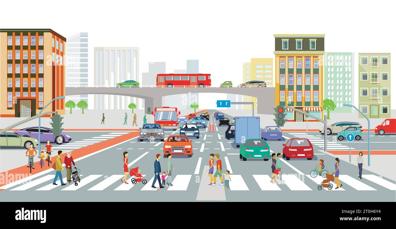 Traffico stradale con pedoni e passerella, illustrazione Illustrazione Vettoriale
