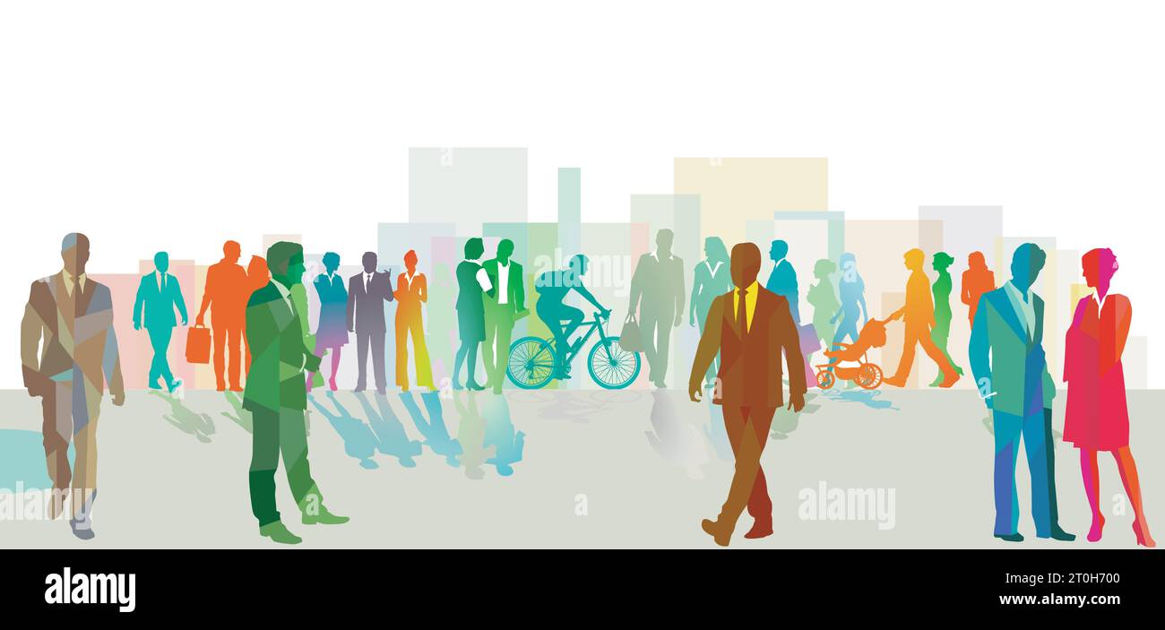 Un grande gruppo colorato di persone in città. illustrazione Illustrazione Vettoriale