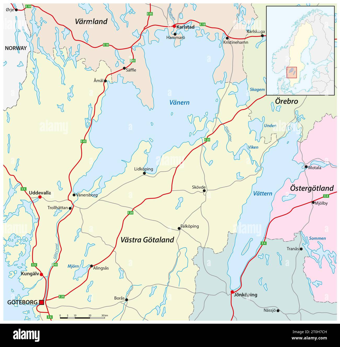 Cartina stradale dei laghi svedesi Vänern e Vättern Foto Stock