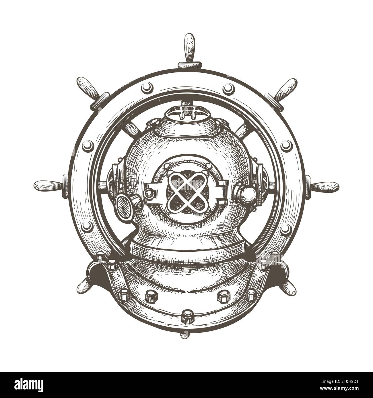 Incisione tatuaggio di casco subacqueo con volante della nave isolato su sfondo bianco. Illustrazione vettoriale. Illustrazione Vettoriale