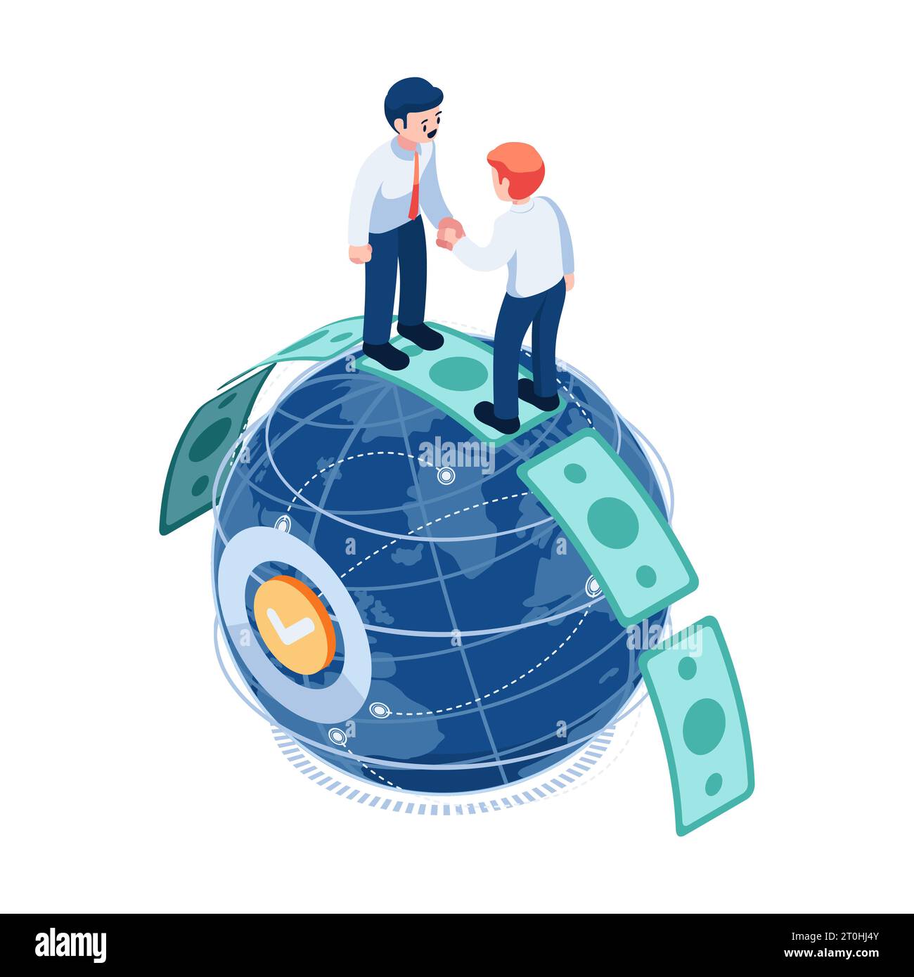 Un uomo d'affari isometrico 3d piatto che stringe la mano a Money Over the World. Concetto di business globale e internazionale. Illustrazione Vettoriale
