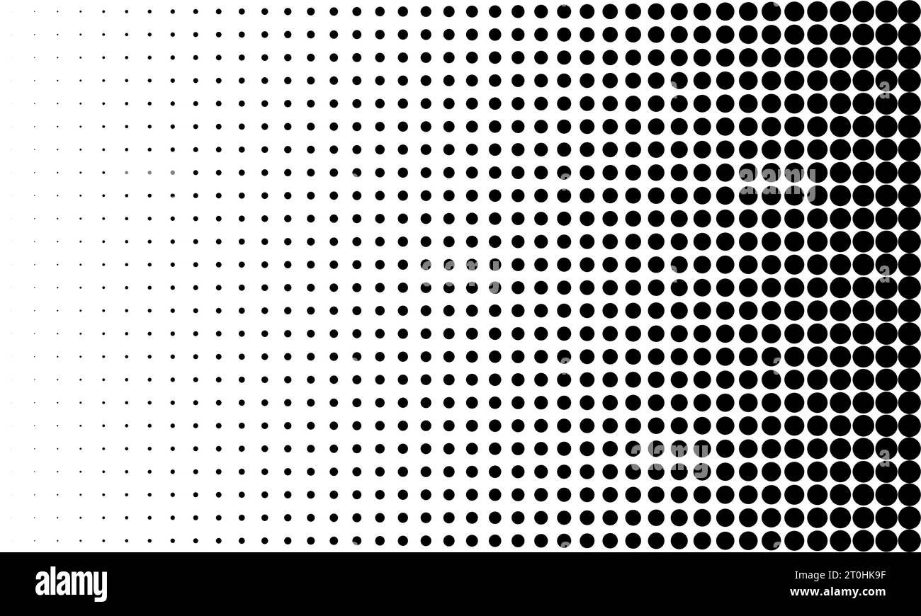 Punto di mezzitoni gradiente orizzontale vettore. Puntini neri su sfondo bianco. Sfondo texture, effetto retrò, modello pop art. Colore monocromatico Illustrazione Vettoriale