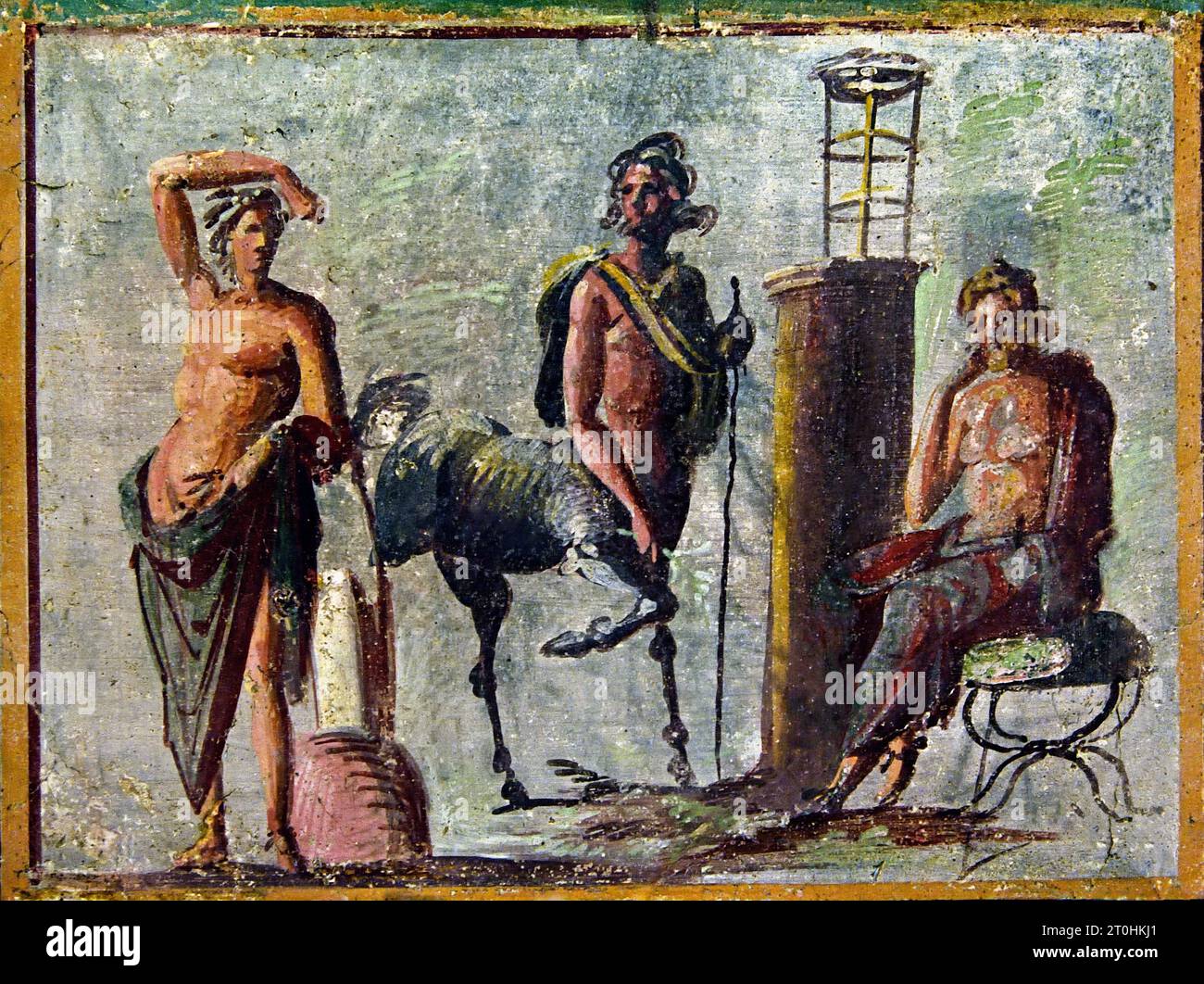 Apollo, Chiro, Asclepio, fresco Pompei città romana si trova vicino a Napoli, in Campania. Pompei fu sepolta sotto 4-6 m di cenere vulcanica e pomice nell'eruzione del Vesuvio nel 79 d.C. Italia Foto Stock