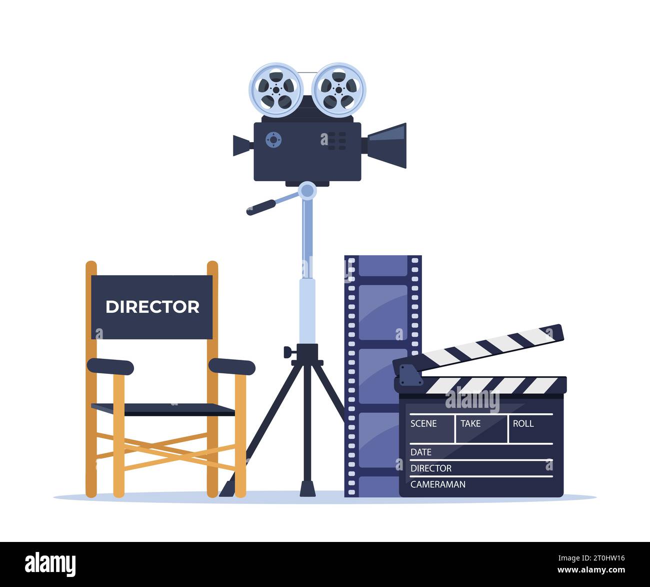 Sedia del regista, telecamera, illuminazione, clapperboard, filmstrip. Film, cinema, apparecchiature professionali per la registrazione di film illustrazioni vettoriali Illustrazione Vettoriale