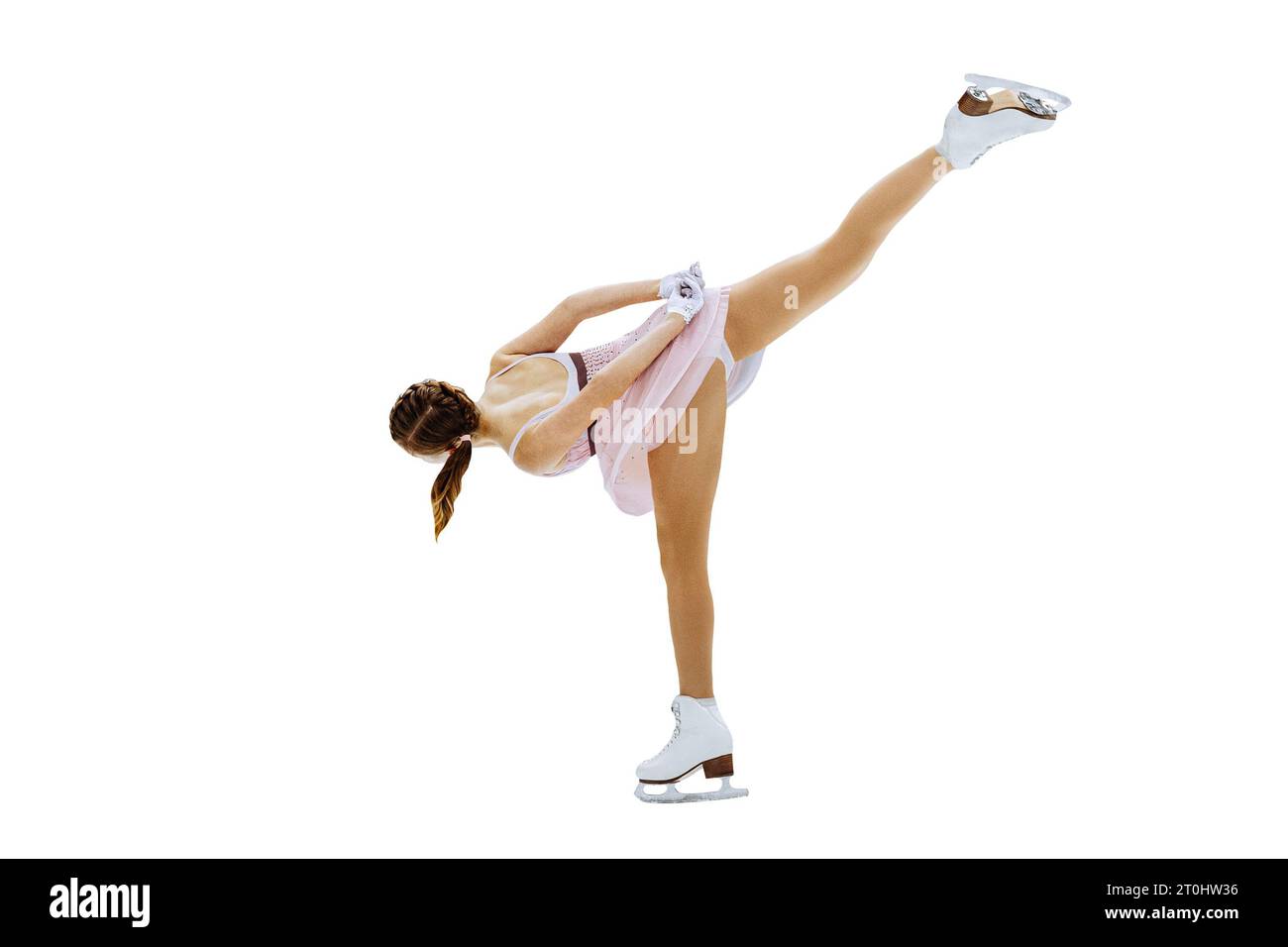 pattinaggio a una gamba nel campionato di ghiaccio, pattinaggio di figura singolo isolato su sfondo bianco Foto Stock