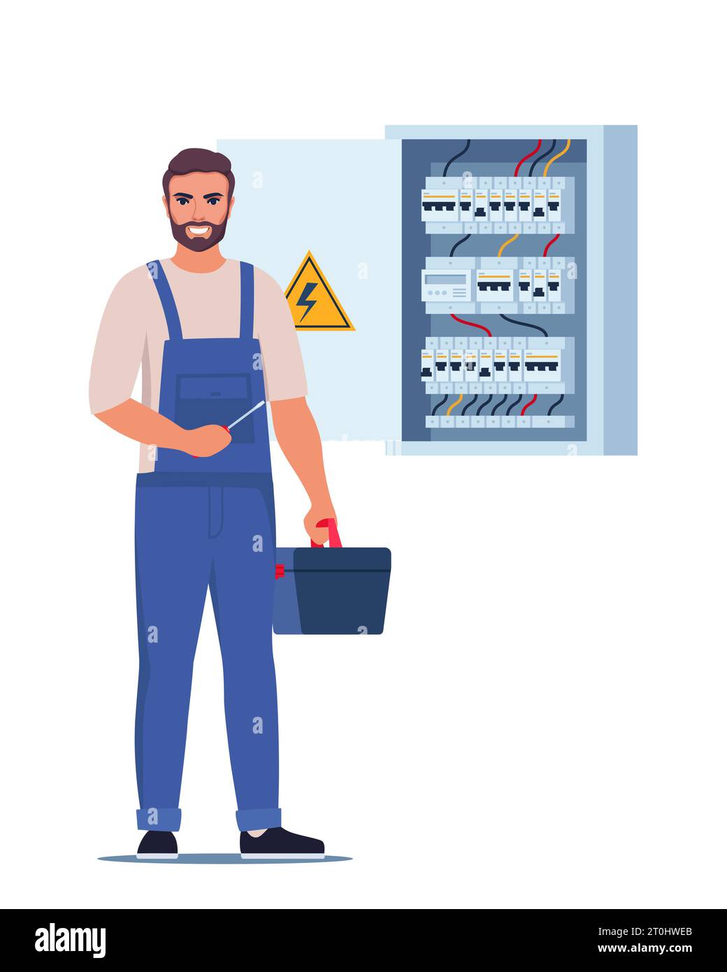 Il lavoratore elettricista controlla e ripara il quadro elettrico. Riparatore domestico, concetto di sicurezza elettrica. Illustrazione vettoriale Illustrazione Vettoriale