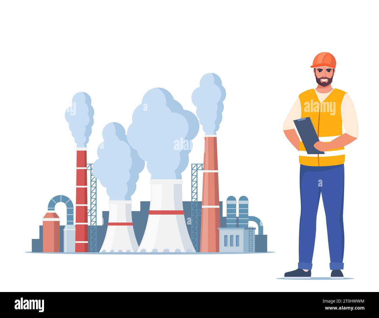 Indossa un giubbotto arancione e un casco protettivo. Stabilimento industriale con torri e tubi per fumatori. Lavoratore del management. Illustrazione vettoriale Illustrazione Vettoriale