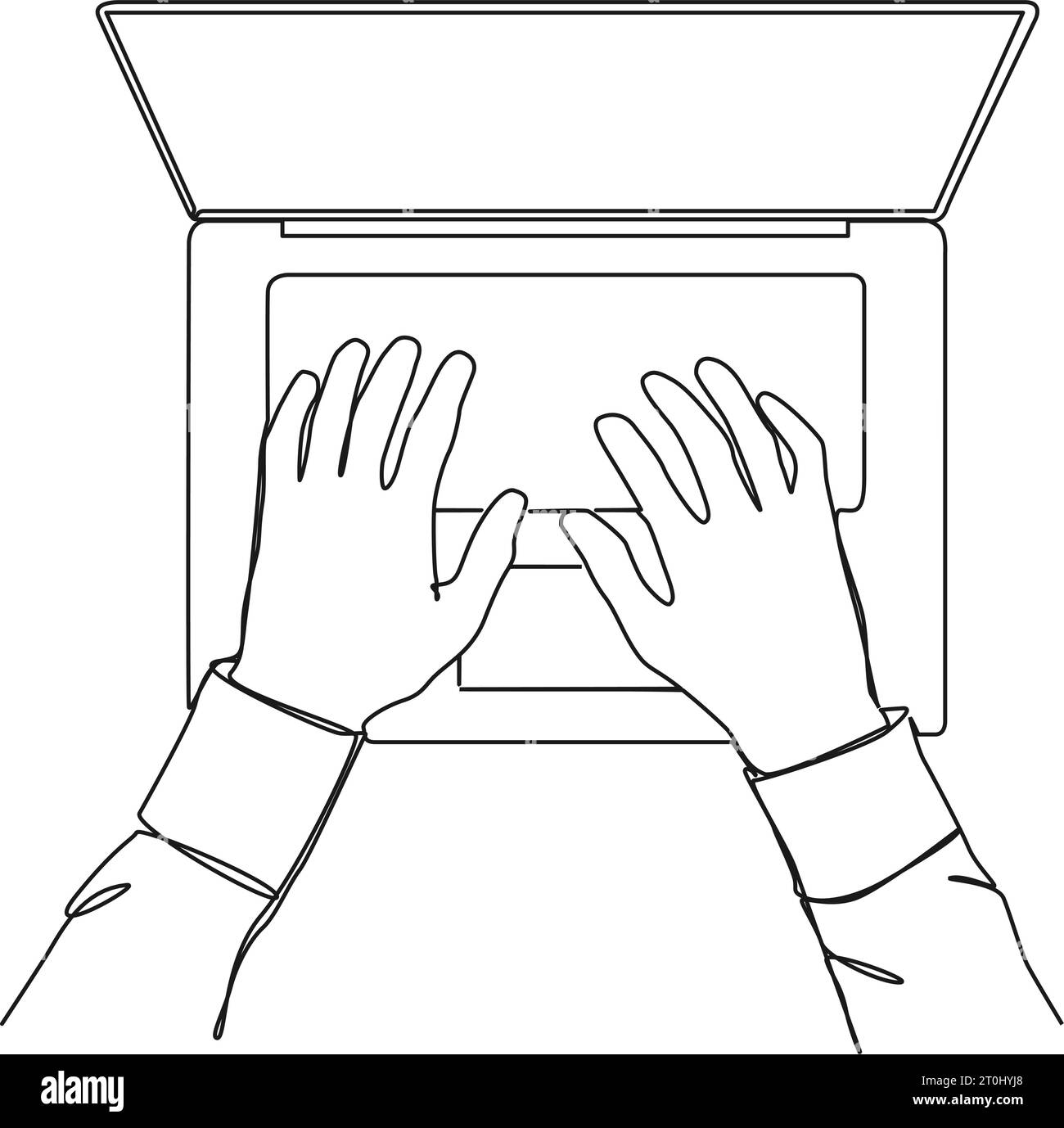 disegno continuo a riga singola di mani digitate sulla tastiera di un computer portatile, illustrazione vettoriale line art Illustrazione Vettoriale