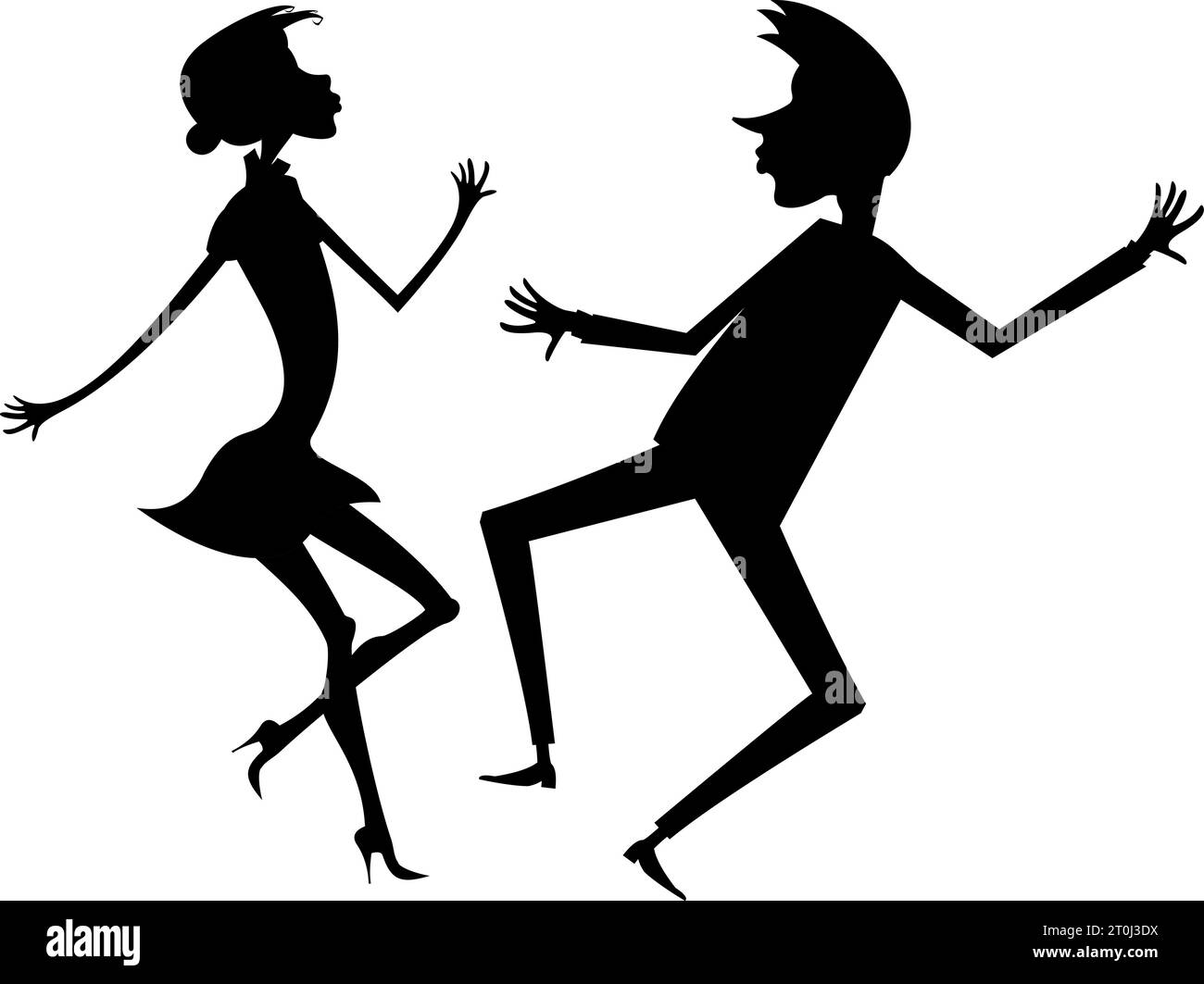 Coppia giovane ballerina romantica. Art silhouette. Divertente ballare giovani uomini e donne. Bianco e nero Illustrazione Vettoriale