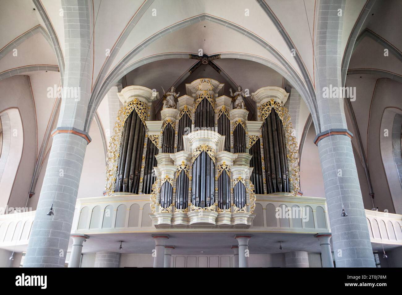 L'organo barocco della chiesa parrocchiale cattolica di San Johannes Baptist, Borgentreich, distretto di Höxter, Renania settentrionale-Vestfalia, Germania, Europa Foto Stock