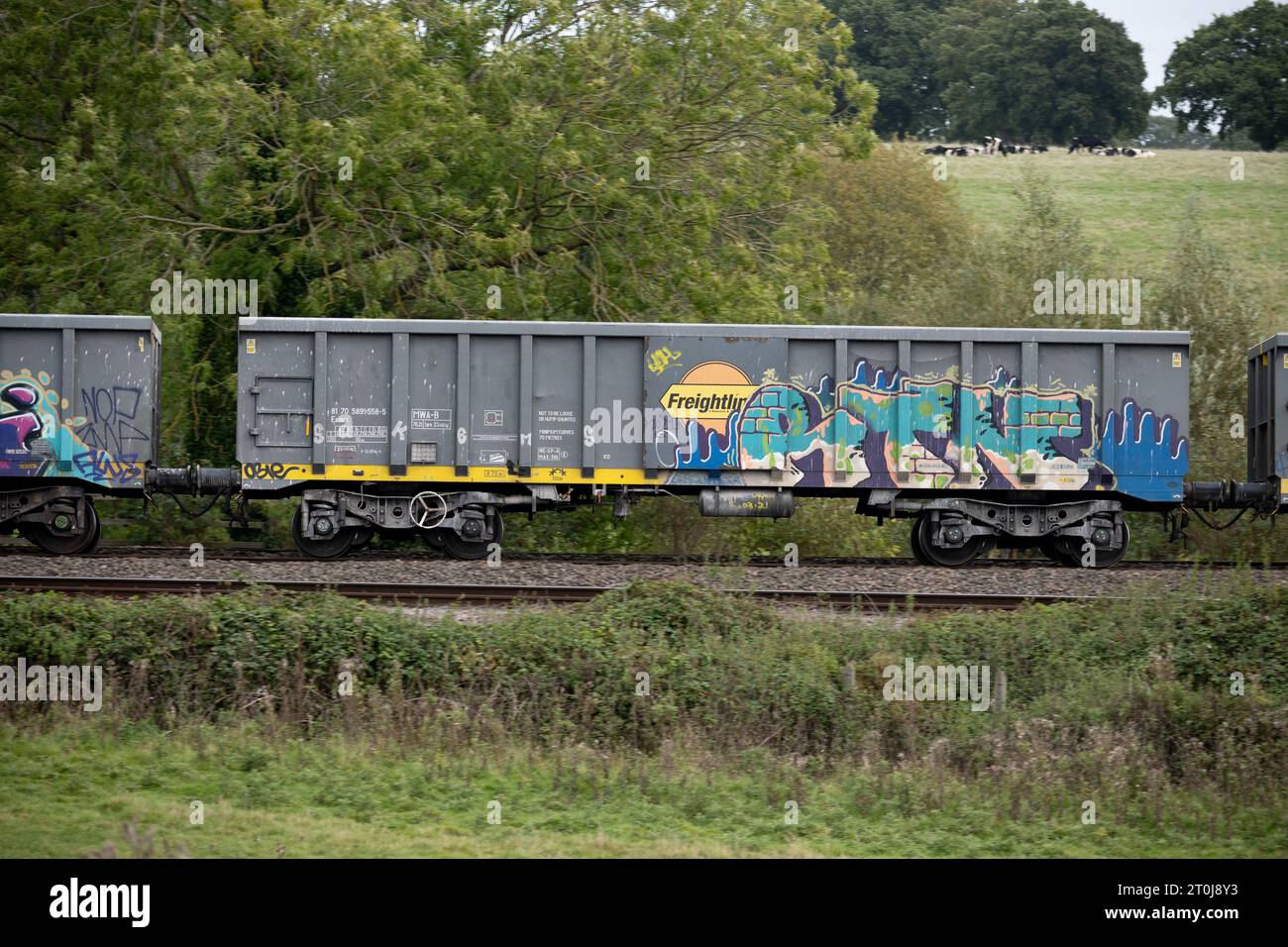 Freightliner Railway wagon deFaced with graffiti, Warwickshire, UK Foto Stock