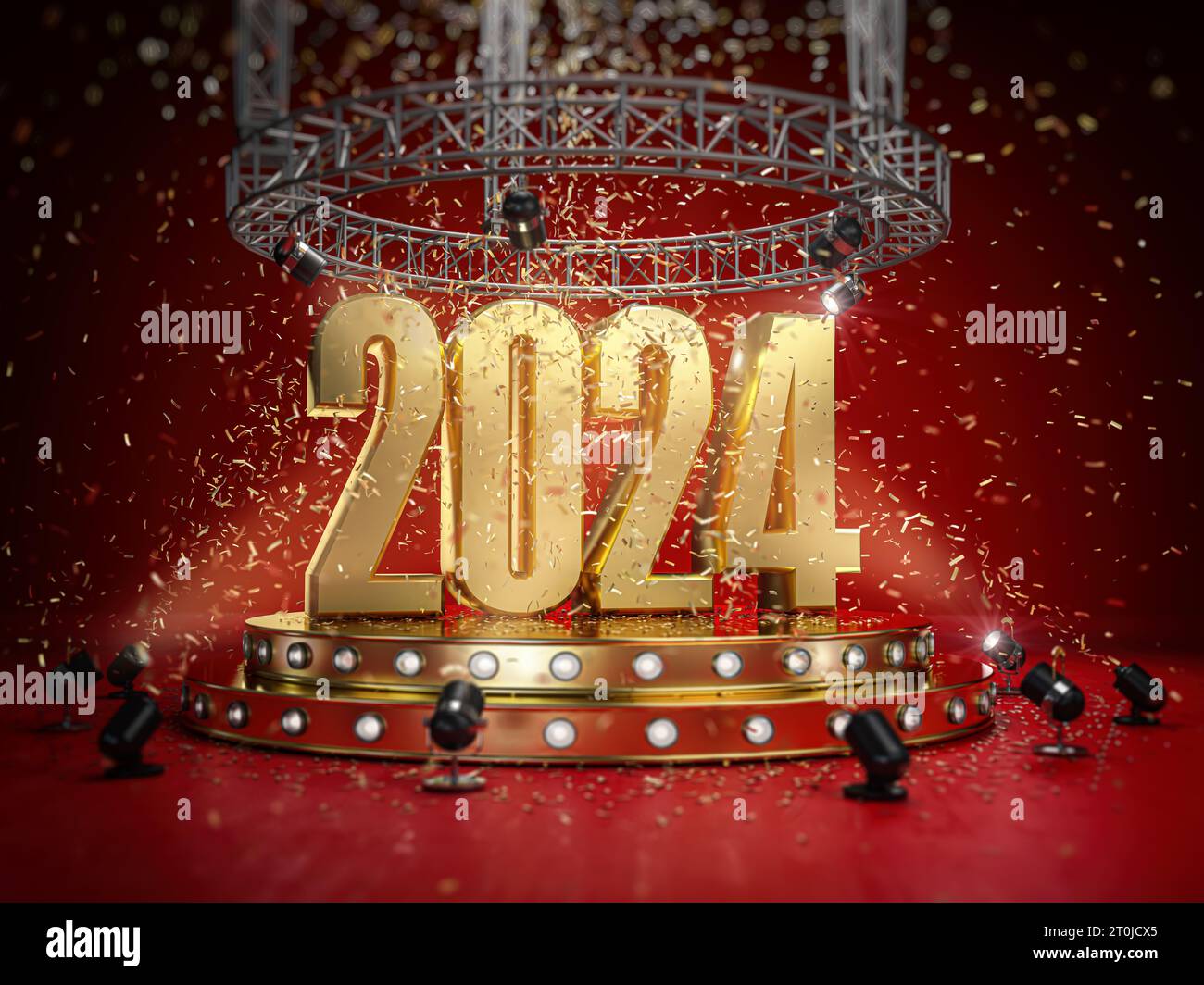 Felice anno nuovo 2024. 2024 su un palco podio con riflettori e coriandoli. illustrazione 3d. Foto Stock